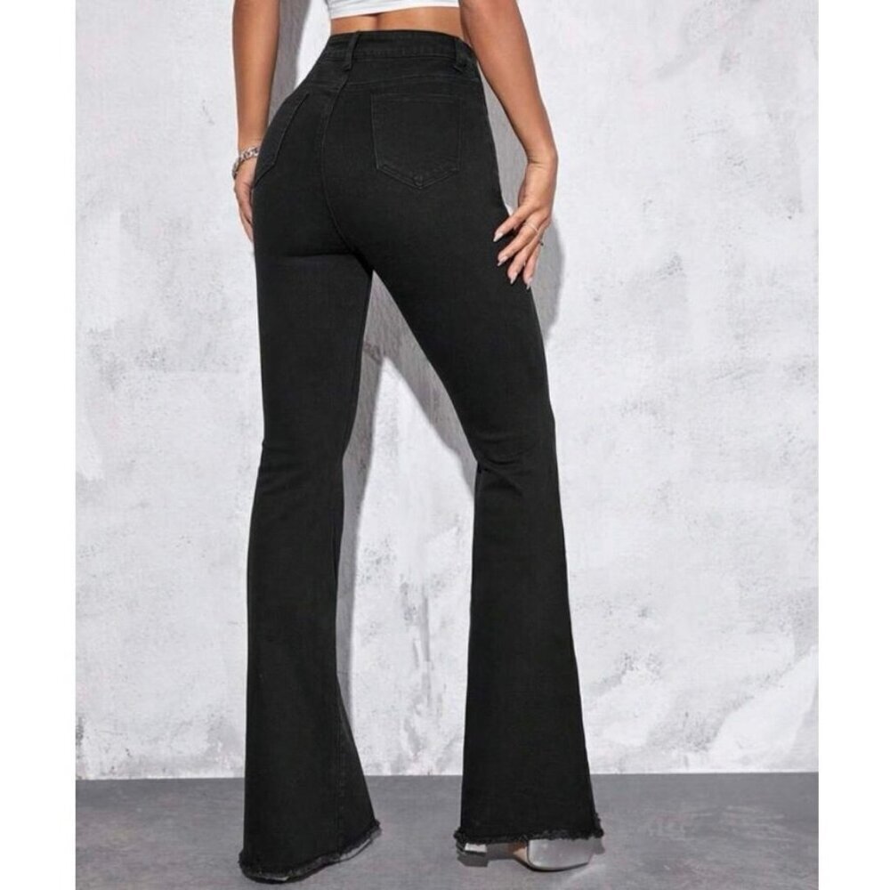 Shein High Rise Flared Black Denim Jeans Cotton Blend Women’s Size Small 4 - Picture 2 of 8